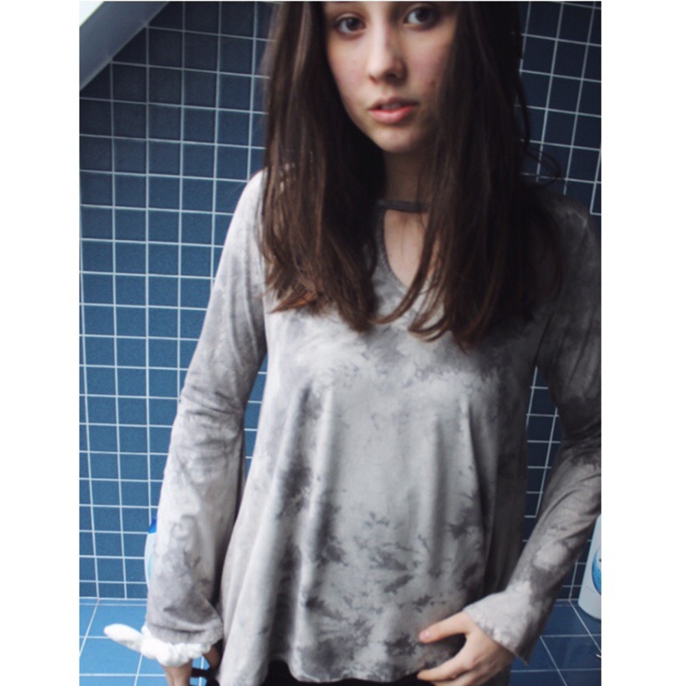 Long Sleeve Grey Acid Wash Top with Cutouts